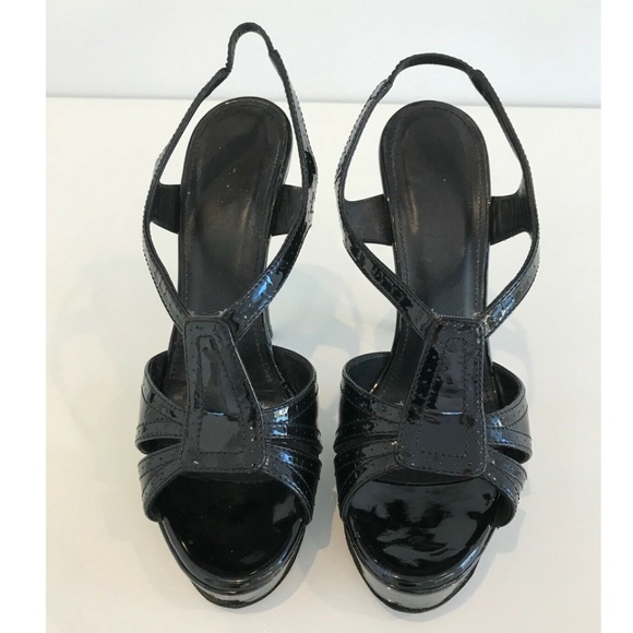 YVES SAINT LAURENT BLACK PATENT TRIBUTE PLATFORM SANDALS SIZE IT 37.5 / US 7.5 - Picture 8 of 13